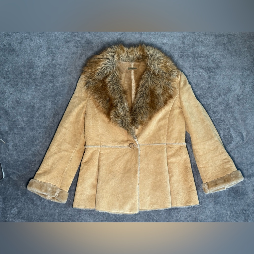 Vintage Y2K Guess tan suede leather Penny Lane coat with faux fur trim L